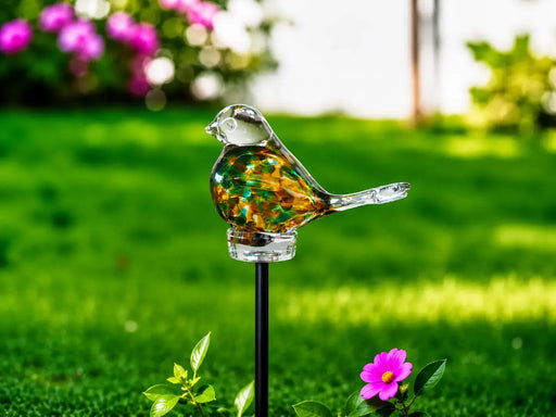 Vogel 9 cm goudgroen Transparant (Tige 50cm) (6) — GD30024