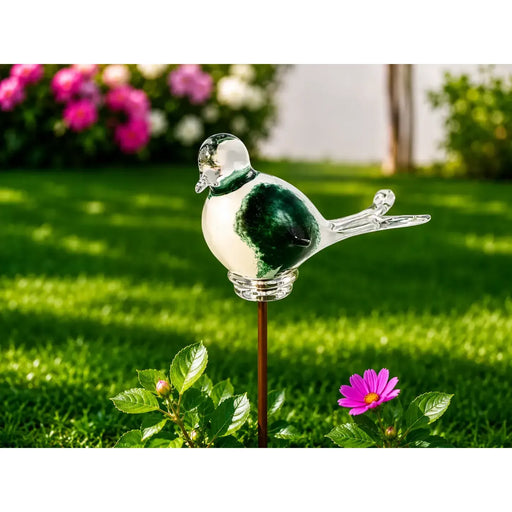 Oiseau en verre vert/blanc 17 cm (Tige 75 cm) (6) — GD30104