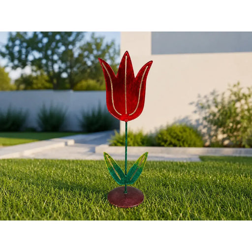 Piquet de jardin fleur rouge avec base en bois (6) — MD16264