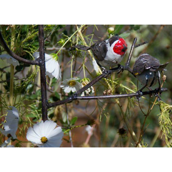 Arrosoir & Persil Tuteur Chardonnerets / 2 oiseaux sur branche - Oiseau décoratif en métal recyclé 15003