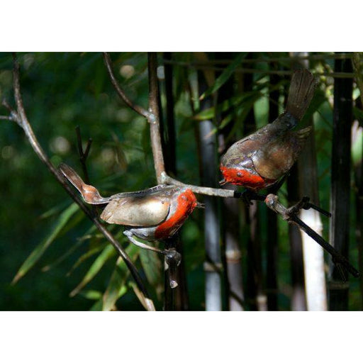 Arrosoir & Persil Tuteur Rouges gorges / 2 oiseaux sur branche - Oiseau décoratif en métal recyclé 15014